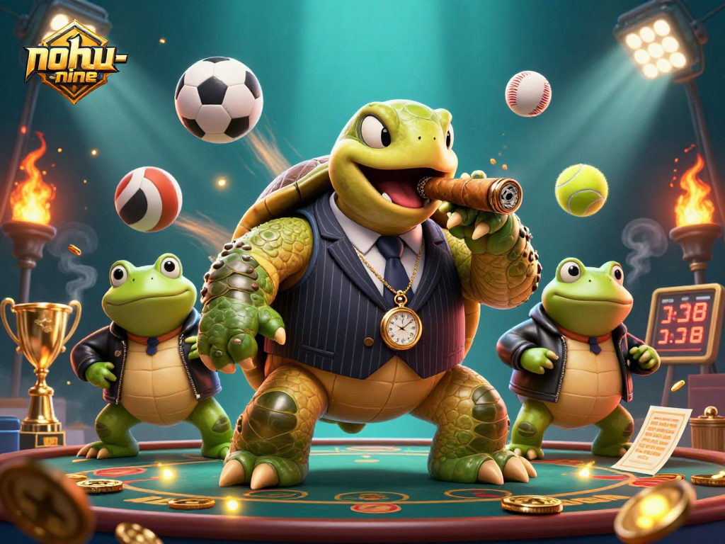 Nohu-nine showcases a massive snapping turtle in a mobster suit with bullfrog enforcers, all set amidst vibrant casino elements.