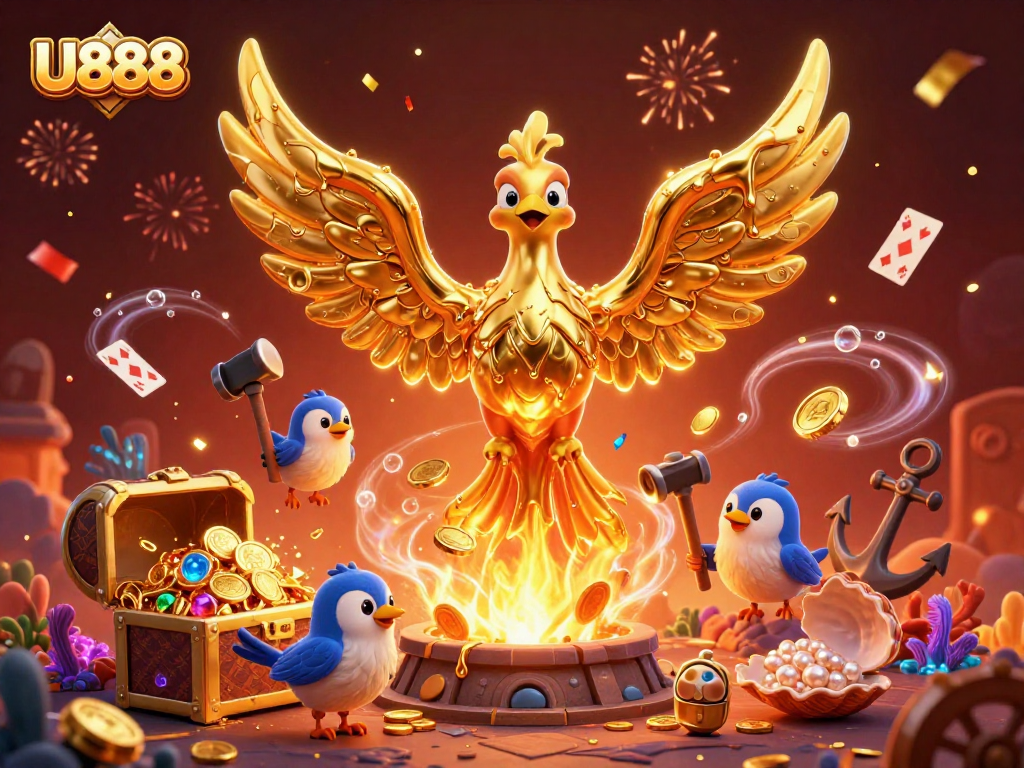 Experience U888's vibrant casino world, featuring a molten gold phoenix and treasure galore.