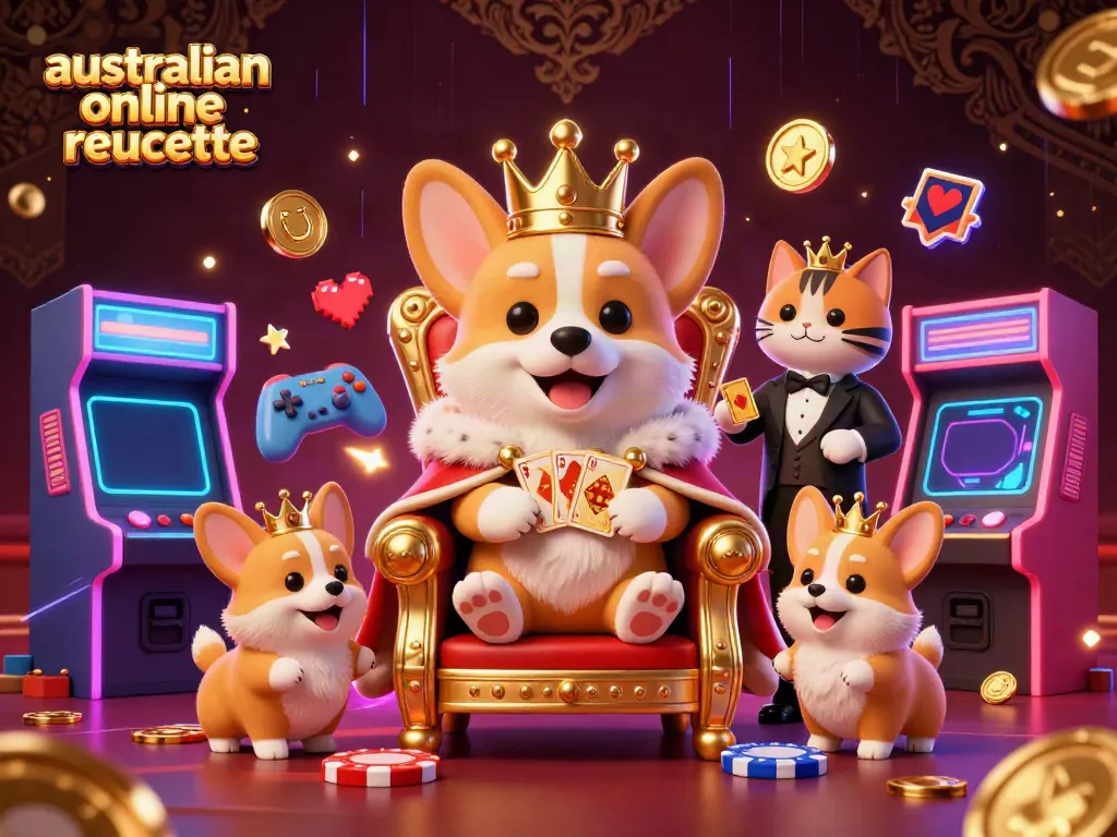 Experience exciting australian online roulette with a cartoon royal corgi on a throne, vibrant casino elements all around.