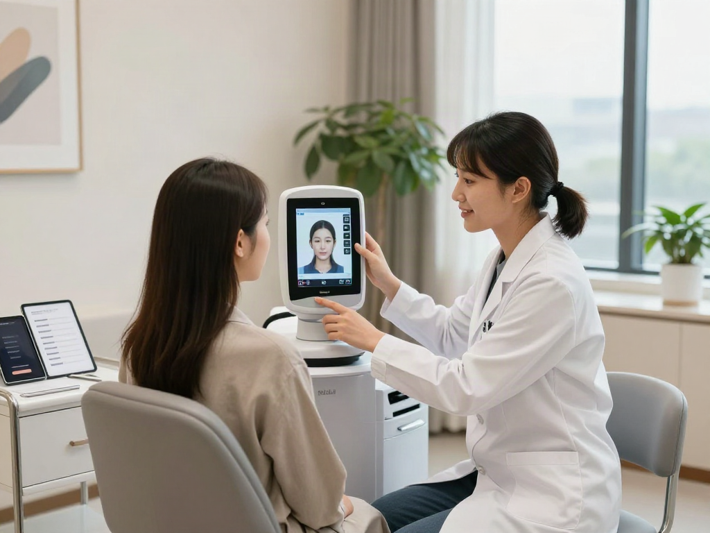 ClinicEvo better than QOVES showcased in a modern beauty consultation with digital analysis.