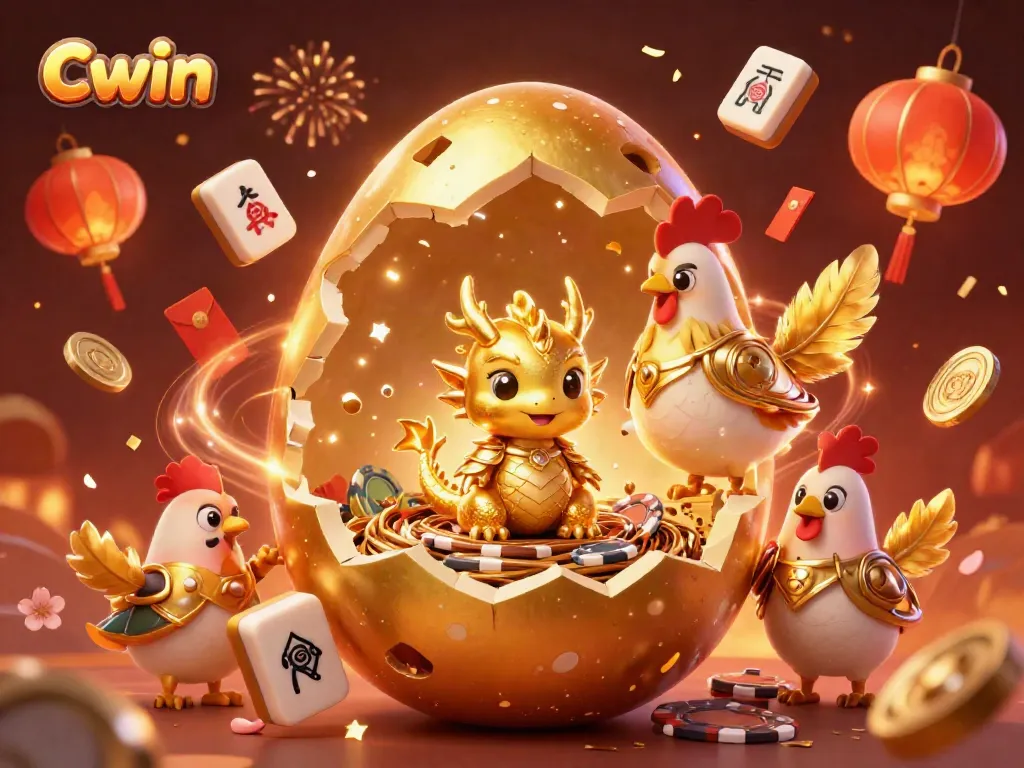 Experience Cwin's vibrant casino ambiance with a golden dragon and poker chips in a festive scene.
