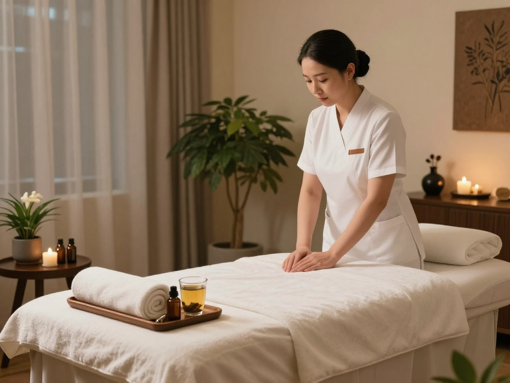 Serene spa treatment room showcasing relaxing atmosphere with mantra88 oils.