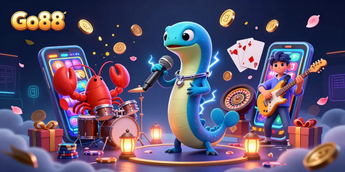 Win big with Go88 in this energetic underwater casino scene featuring a DJ eel and vibrant gaming elements.