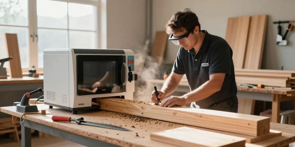 SHASHEL® microwave equipment effectively treating wood to eliminate insects in workshop.