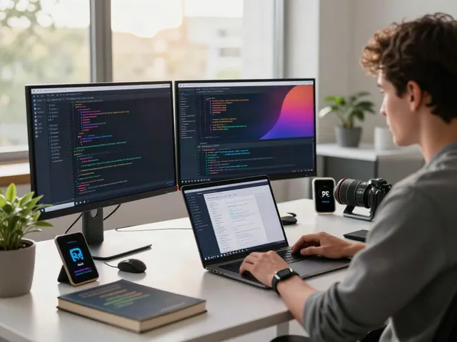 Developer engaged in RSS feed content generation at a modern tech workspace