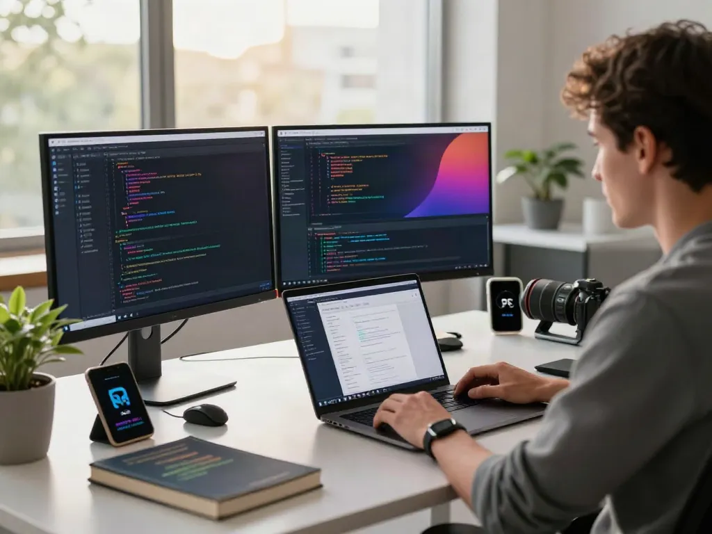 Developer engaged in RSS feed content generation at a modern tech workspace