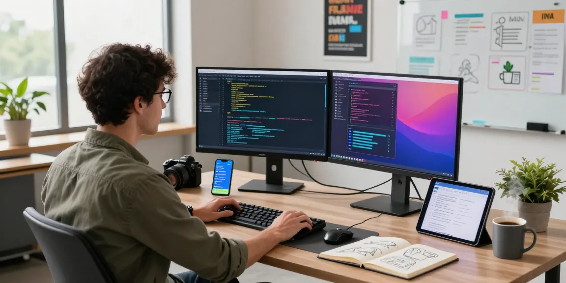Developer engaged with complex coding at https://www.bdtjl.app/ in a modern tech workspace, equipped with multiple monitors and gadgets.