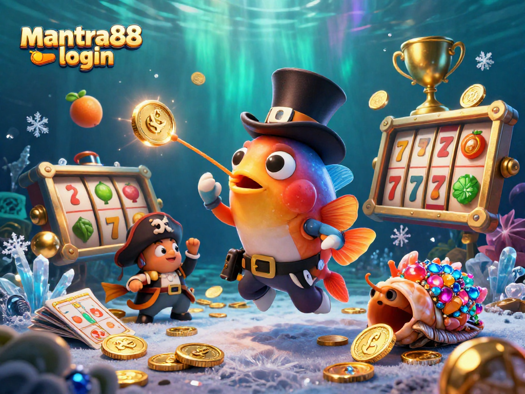 Experience vibrant excitement with mantra88 login as the anglerfish lures in golden coins among dynamic casino reels and treasures.