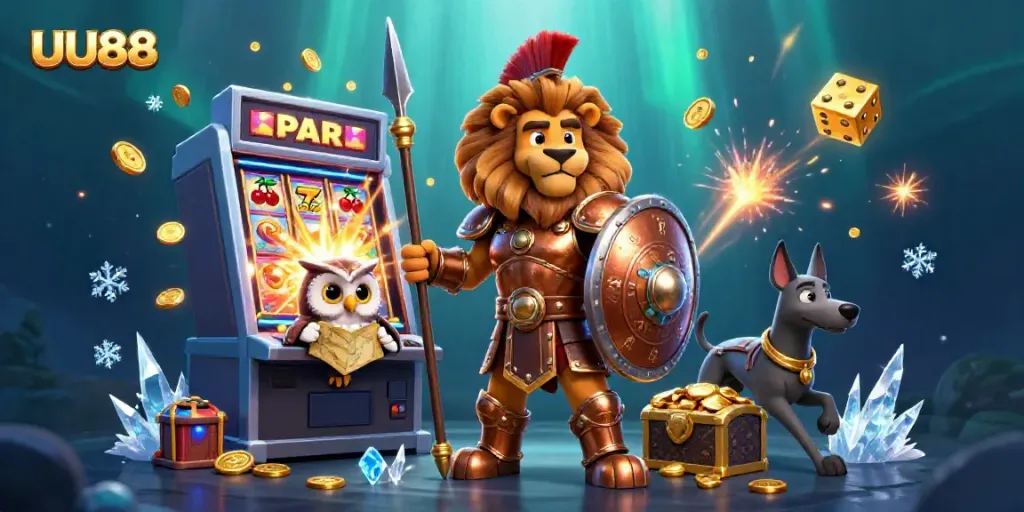 Win big at UU88, where a Spartan lion stands proud next to treasures and casino symbols.