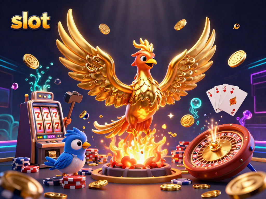 Slot bertema kasino dengan phoenix emas, koin, dan elemen permainan yang memukau.