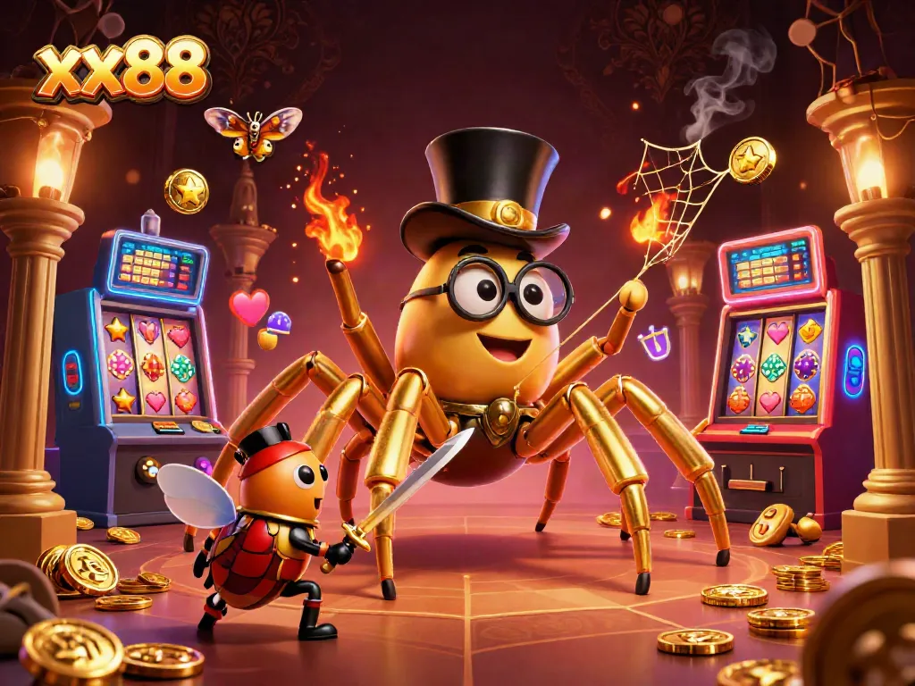Experience thrilling moments with xx88's giant tarantula and beetle knight in a vibrant casino.