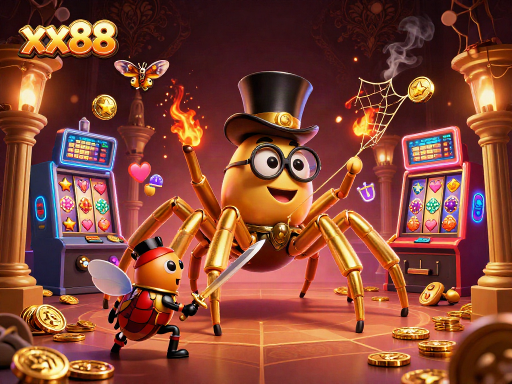 Experience thrilling moments with xx88's giant tarantula and beetle knight in a vibrant casino.