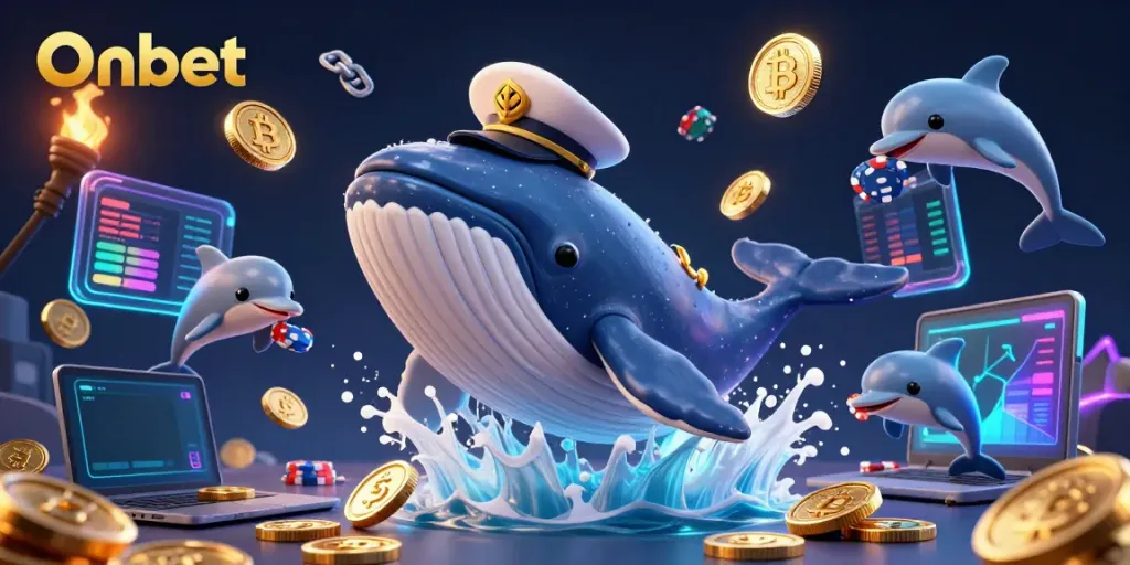 Join Onbet's exhilarating gaming ocean filled with treasures, featuring a cartoon whale and playful dolphins.