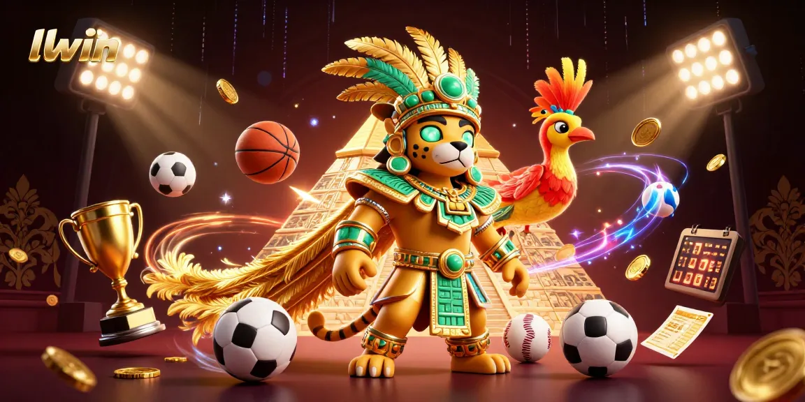 Engage in dynamic gaming at llwin with 3D illustration of a Mayan jaguar priest, sports elements, and vibrant action.