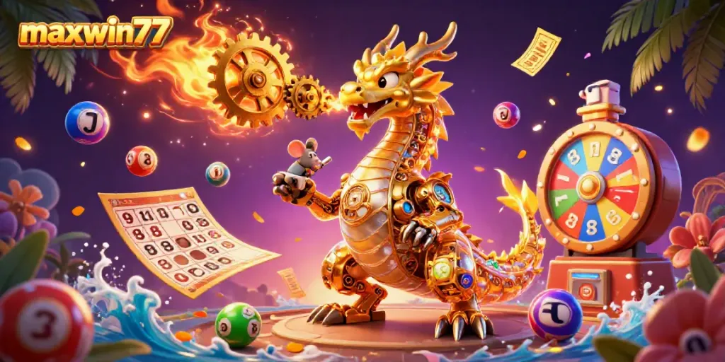 Engage with maxwin77 leading golden dragon in a vibrant casino-themed illustration.