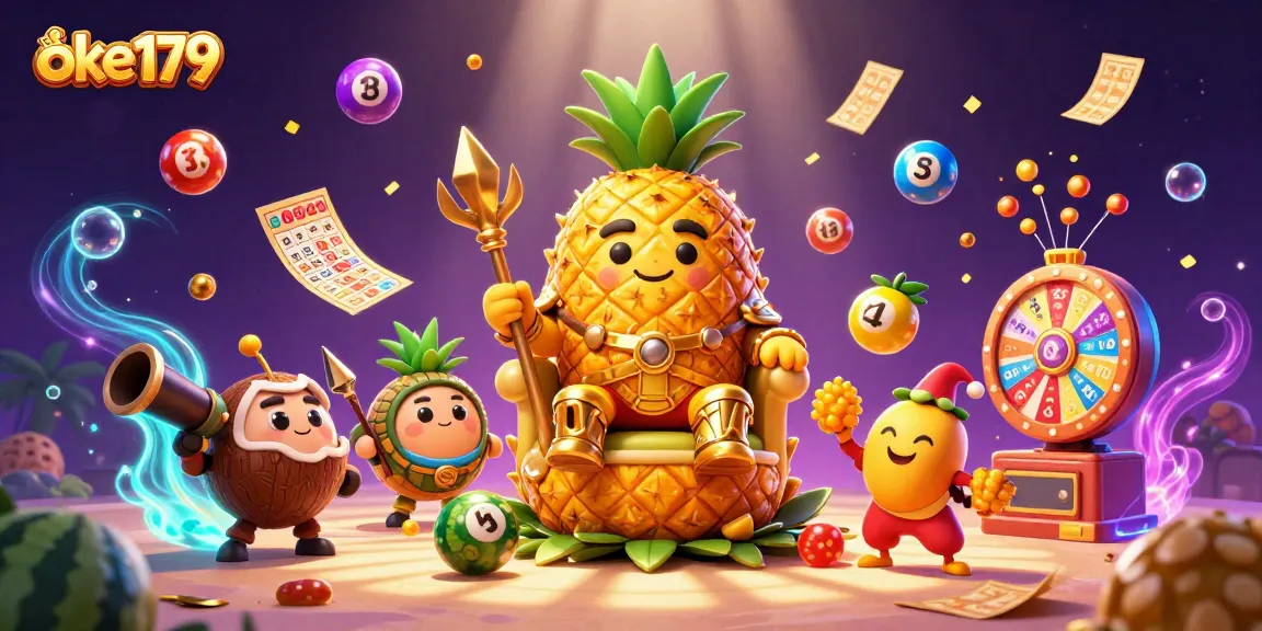 Engage with oke179's vibrant casino experience featuring a golden pineapple king amidst dynamic game elements.