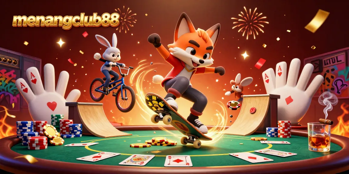 Engage with menangclub88 through a vibrant cartoon scene showcasing thrilling poker action.