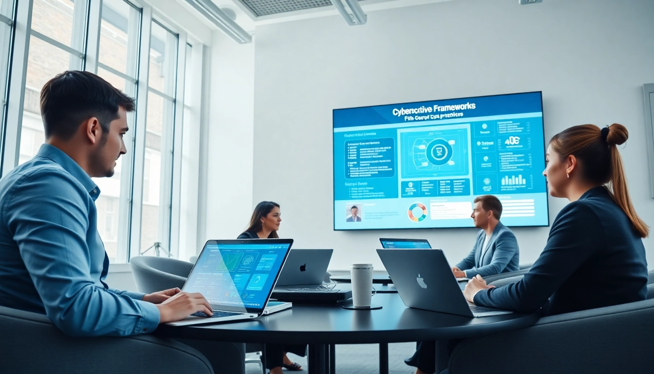 Enhancing cyber essentials UK through teamwork and advanced security analytics in a modern office.
