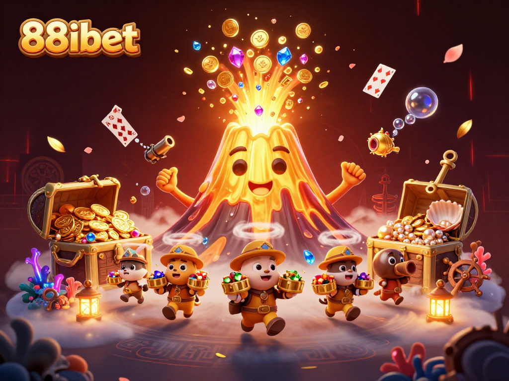 Experience thrilling wins at 88ibet with a 3D scene full of vibrant casino elements and treasure.