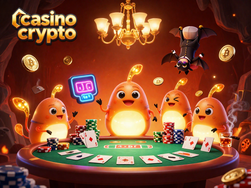 Jouez dans un casino crypto avec des lucioles illuminant la scène aux côtés d'un dealer chauve-souris.